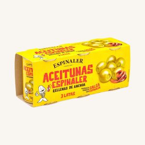 Olives farcies aux anchois, variété manzanilla, de Barcelone, boîtes de 3 unités