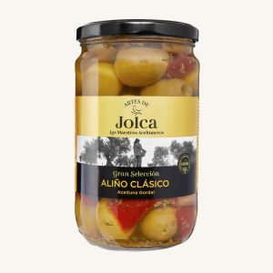 Olives Gordal dénoyautées assaisonnées classiques à l'ail et aux poivrons, de Séville, en pot