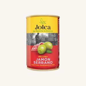 Olives vertes manzanilla fina farcies au jambon serrano (jamón), de Séville, en boîte