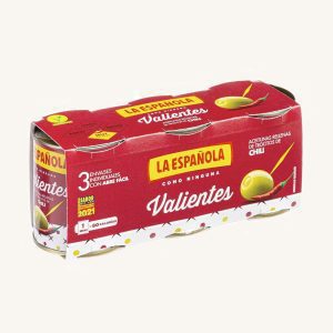 Olives vertes farcies au piment, Valientes, variété manzanilla, paquet de 3 boîtes