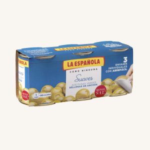 Olives vertes farcies aux anchois - Suaves, avec 35% de sel en moins, variété manzanilla, pack de 3 boîtes
