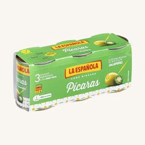 Olives vertes farcies au jalapeño, Pícaras, moyennement épicées, variété manzanilla, paquet de 3 boîtes