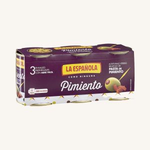 Olives vertes farcies au poivron rouge, piment, variété manzanilla, paquet de 3 boîtes