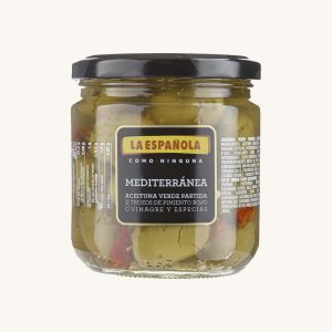 Aliñadas "Mediterránea" olives vertes cassées, avec poivron rouge, vinaigre et épices, pot
