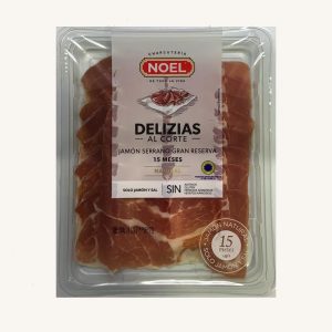 Jambon Serrano Delizias (jambon) Gran Reserva (ETG), « al corte » (coupe de charcuterie), de Gérone, pré-tranché