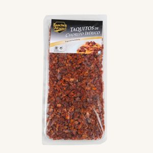 Taquitos de Chorizo Ibérico, coupés en petits cubes, d'Estrémadure, barquette