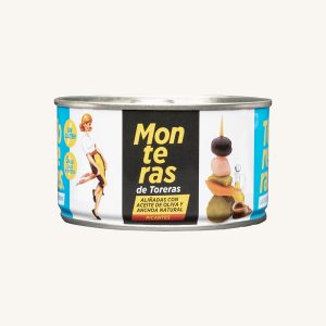 Monteras de Toreras - Banderillas épicées (brochettes de cornichons) avec une olive noire sur le dessus, dans de l'huile d'olive, en conserve