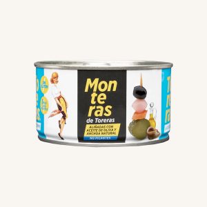 Monteras de Toreras Banderillas non épicées (brochettes de cornichons) avec une olive noire dessus, dans l'huile d'olive, en conserve