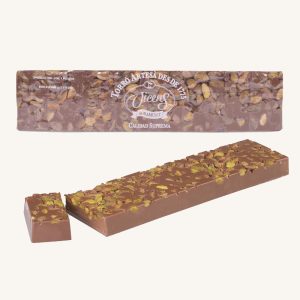 Vicens Torrons Nougat au chocolat au lait à la pistache (nougat au chocolat au lait et à la pistache / torró), barre