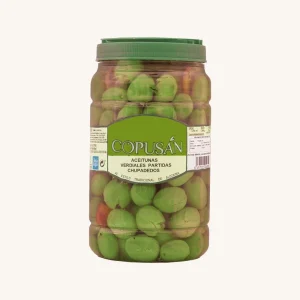 Copusan Chupadedos split green olives (Aceitunas verdes partidas Chupadedos), from Malaga, jar 700g
